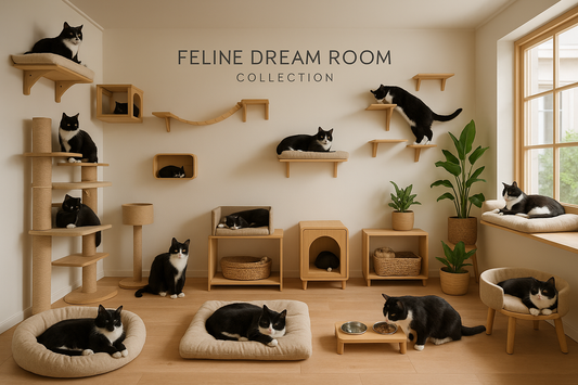 Cat-themed room with various cat furniture and decor elements.