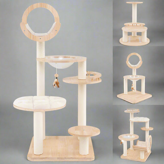 4-In-1 Large Wooden Cat Tower with Space Capsule Nest for Indoor Cats