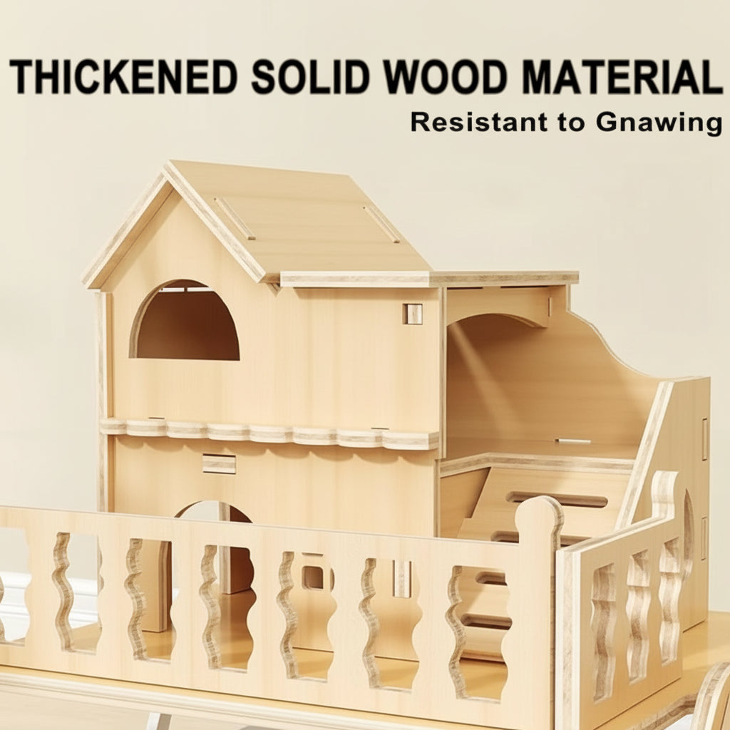 Wooden pet house with thick solid wood material, resistant to gnawing, on a light background.