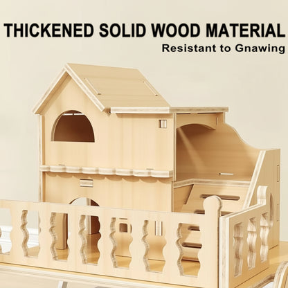 Wooden pet house with thick solid wood material, resistant to gnawing, on a light background.