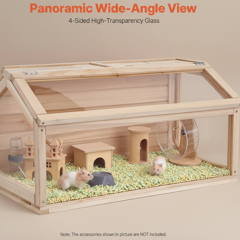 Wooden pet cage with transparent glass top, small animals inside, and accessories on a white background.