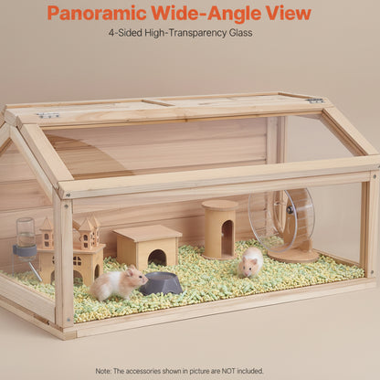Wooden pet cage with transparent glass top, small animals inside, and accessories on a white background.