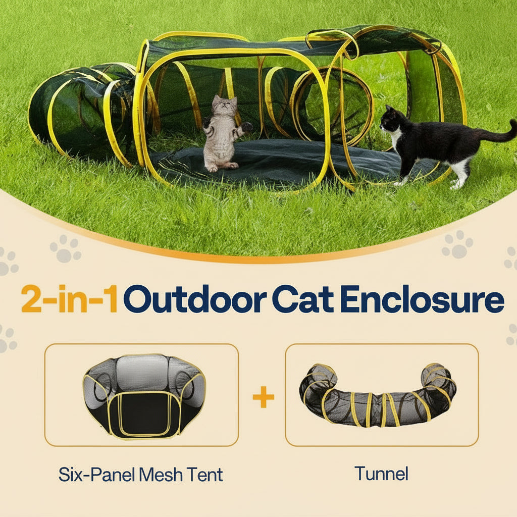 Outdoor Cat Enclosures 2-In-1, Portable Catio W/Cat Tent, Circle Playpen Tunnel