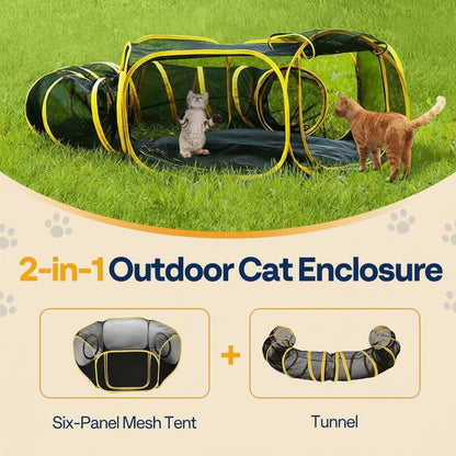 Outdoor Cat Enclosures 2-In-1, Portable Catio W/Cat Tent, Circle Playpen Tunnel