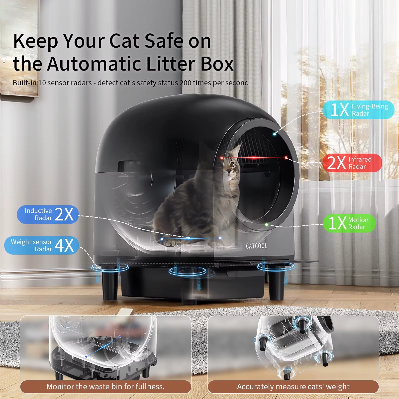 Automatic litter box with a cat inside, featuring multiple sensors and weight measurement technology.