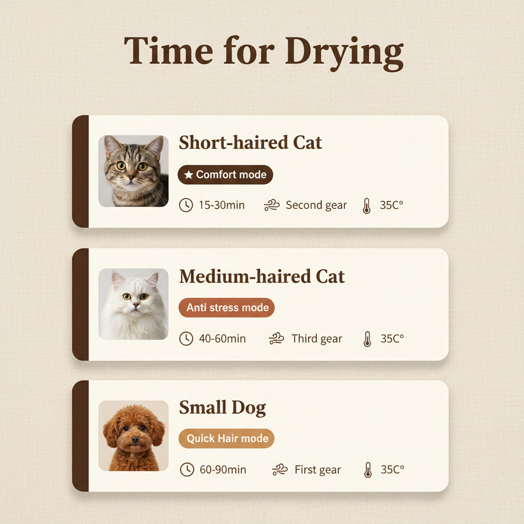 Chart showing drying times for different types of cats and a small dog.