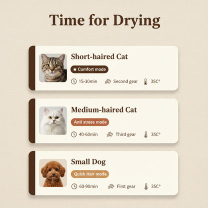 Chart showing drying times for different types of cats and a small dog.
