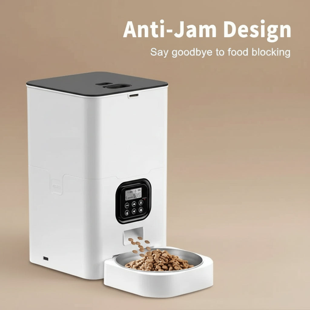 White electronic pet feeder with food on a wooden surface, featuring 'Anti-Jam Design' text.
