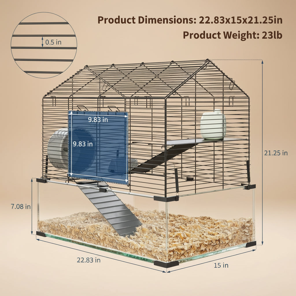 Pet cage with dimensions and weight information displayed