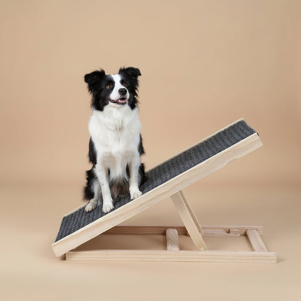 Wooden pet ramp with textured surface on a beige background