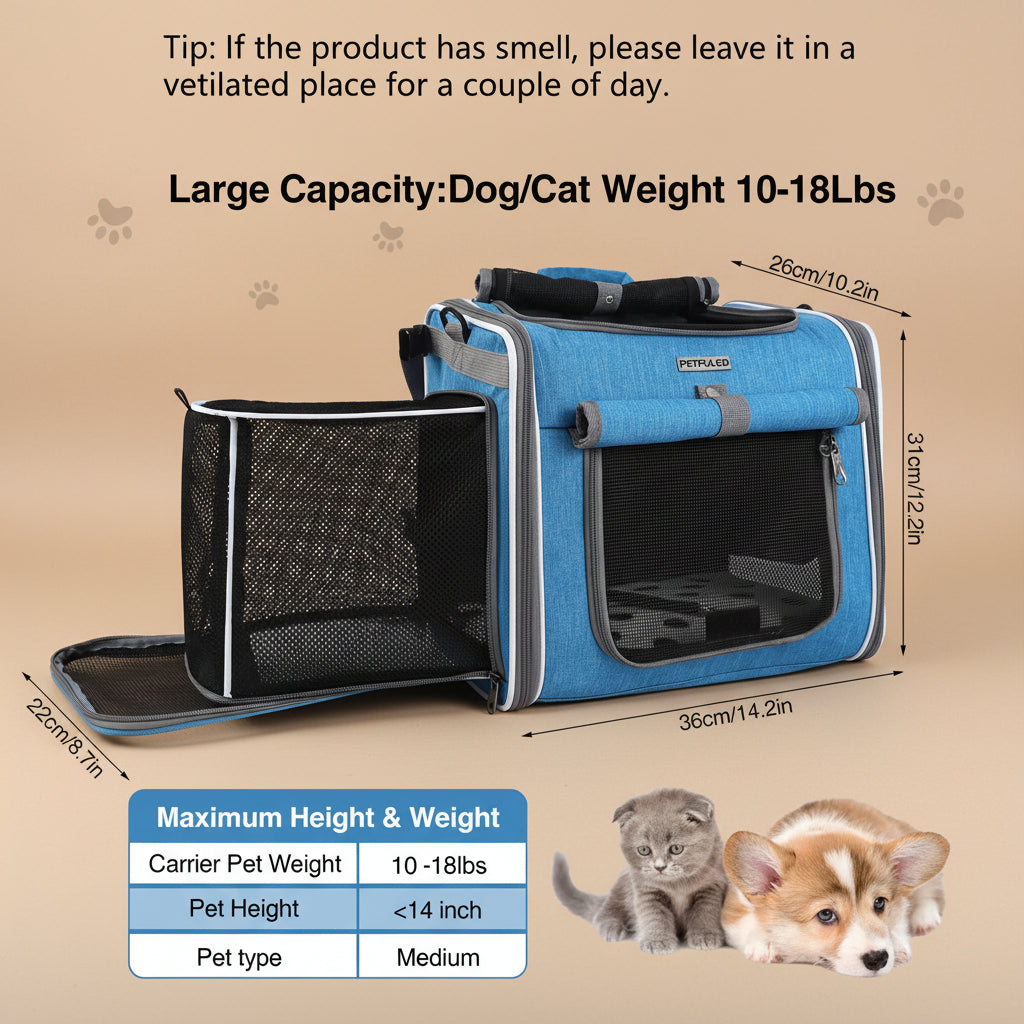 Blue pet carrier with dimensions and pet weight capacity information on a beige background