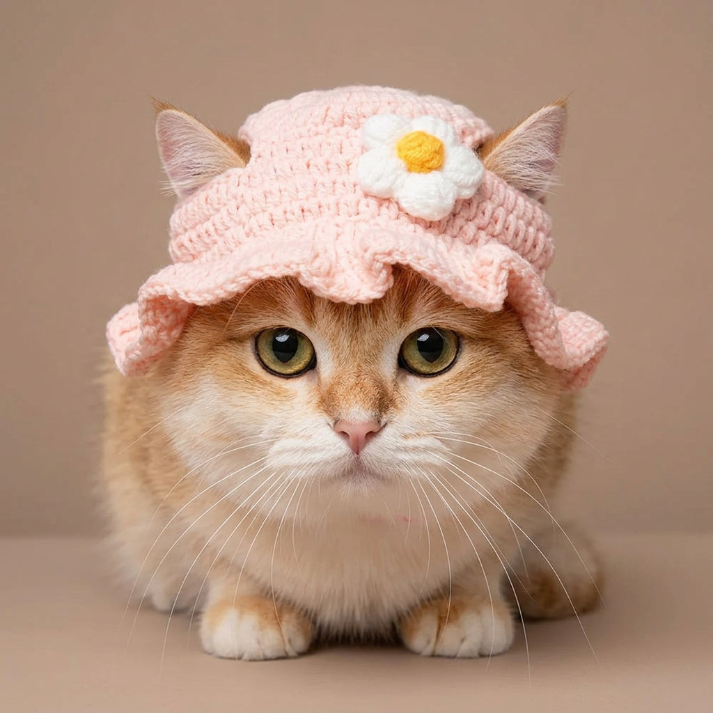 Cat wearing a pink knitted hat with a flower on a beige background
