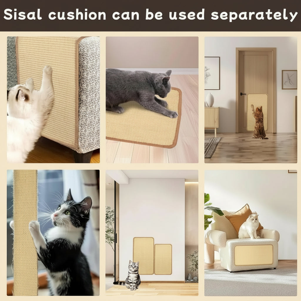 Collage of a cat using a sisal cushion in various usage styles.