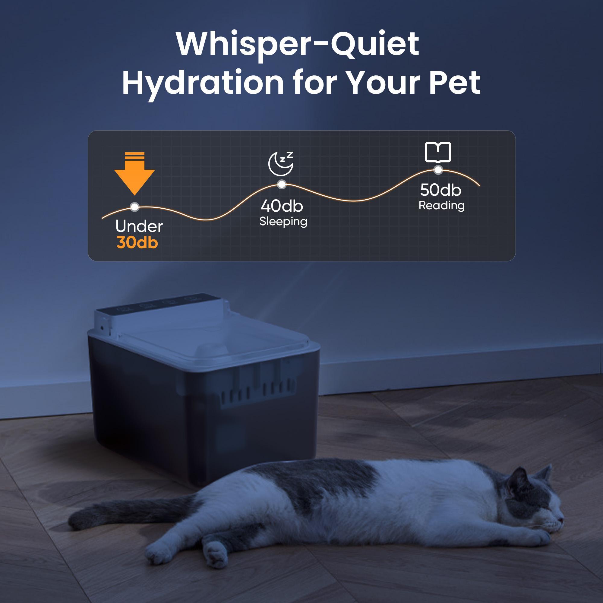 Pet water fountain with a cat sleeping on the floor next to fountain, emphasizing whisper-quiet operation.
