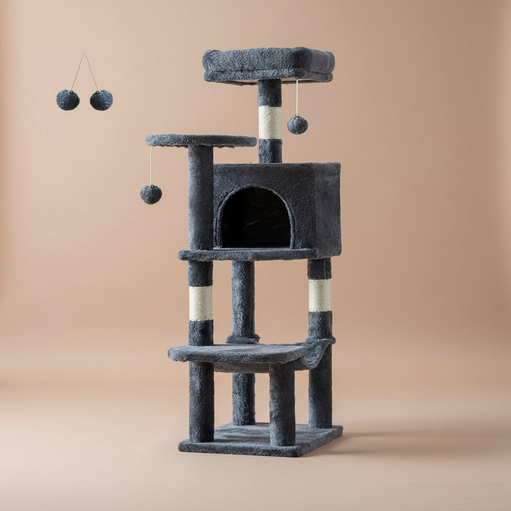 Gray cat tree with multiple levels and hanging toys on a beige background