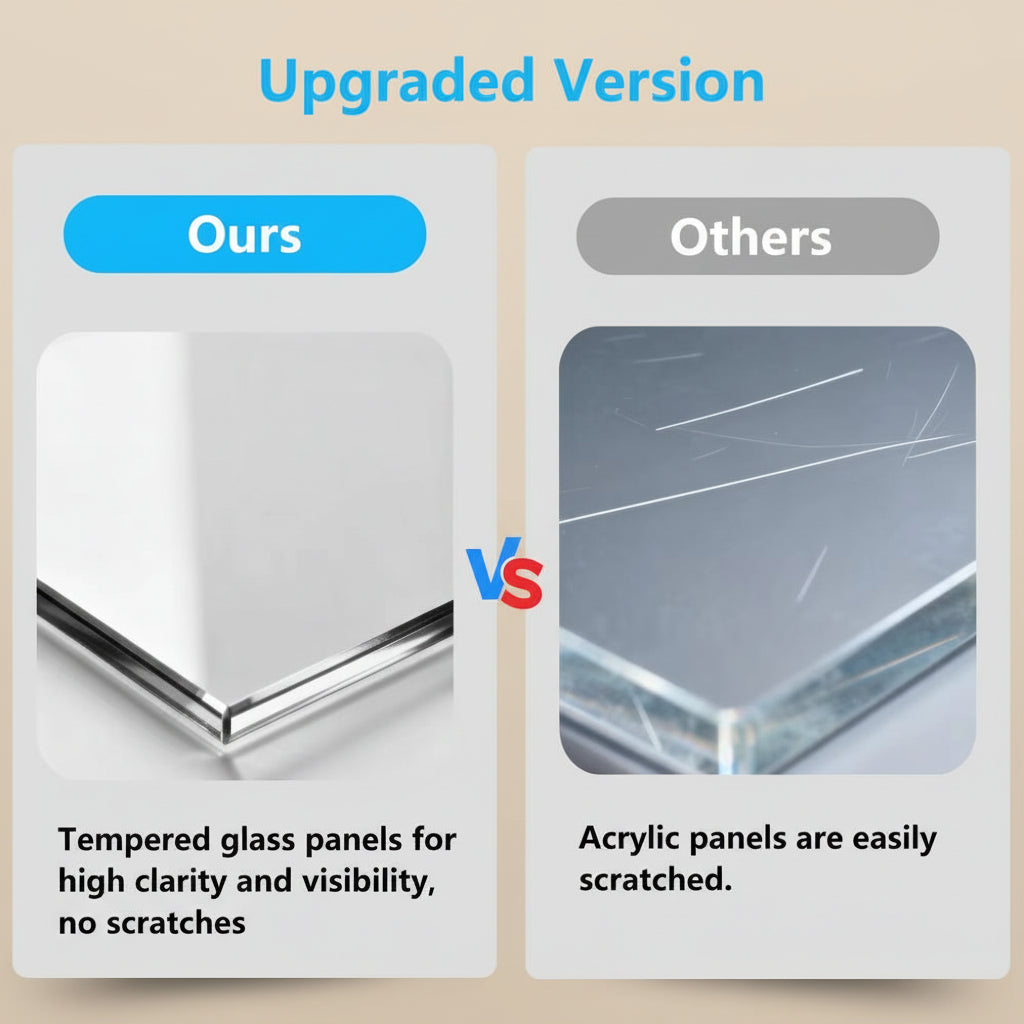 Comparison of tempered glass panels vs acrylic panels with 'Ours' on the left and 'Others' on the right.