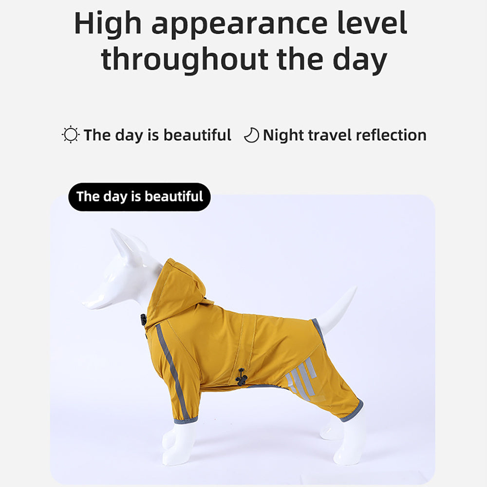 Waterproof Dog Raincoat - Four-Leg Design with Reflective Strips, Breathable Polyester Dog Rain Jacket with Adjustable Drawstrings