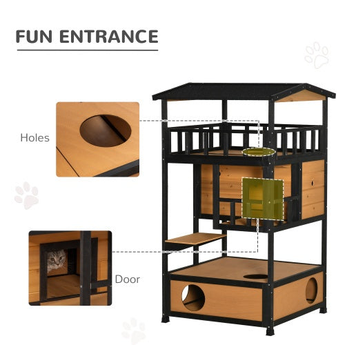 PawHut Wooden Outdoor Cat House | Multi-Level Wild Cat Sanctuary | Asphalt Roof & Escape Door, Yellow