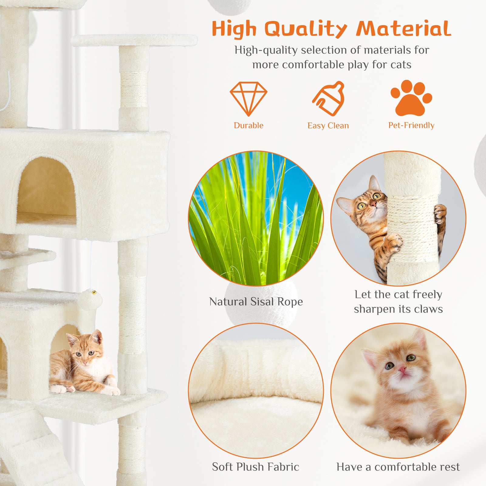 Cat tree with natural sisal rope, soft plush fabric, and cat using the structure.