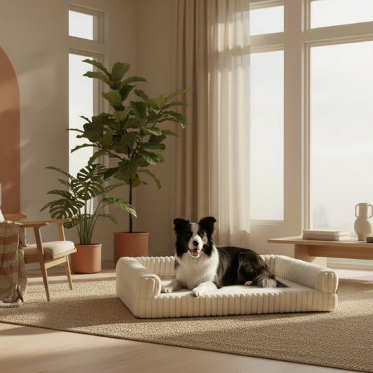 Dog lying on a white pet bed in a bright living room.
