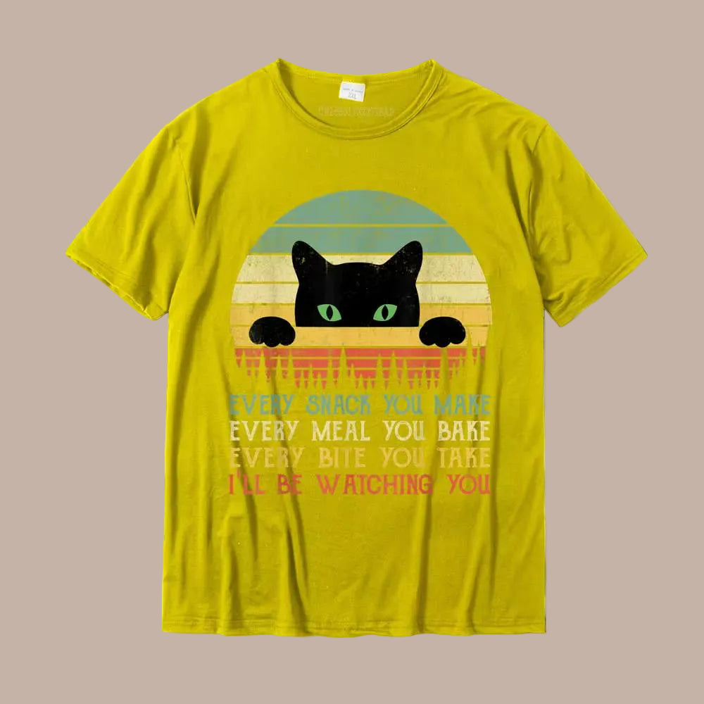 Yellow t-shirt with a black cat graphic and text on a white background