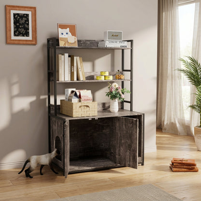 Gray litter box enclosure with bookshelves with decorative items in a room with a cat walking by.