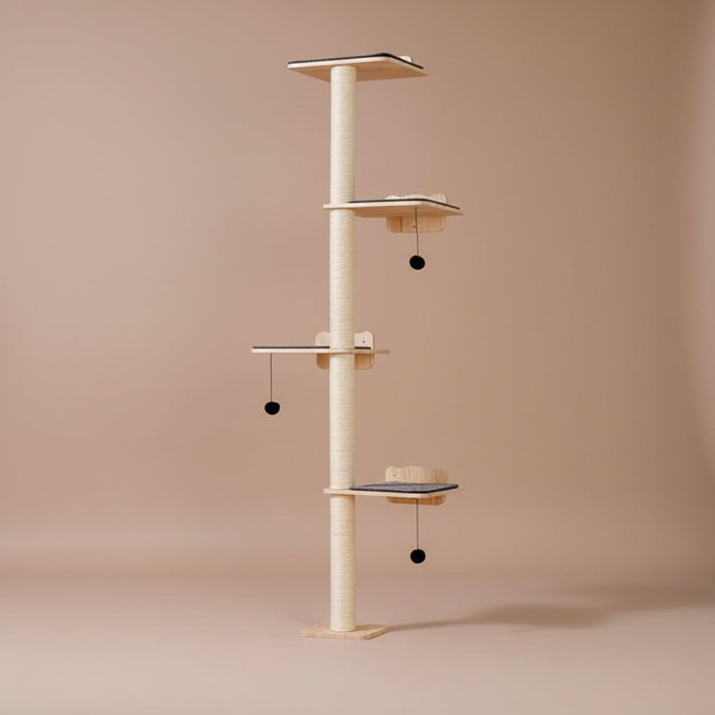 Wall mounted cat tree with shelves and perches on a beige background