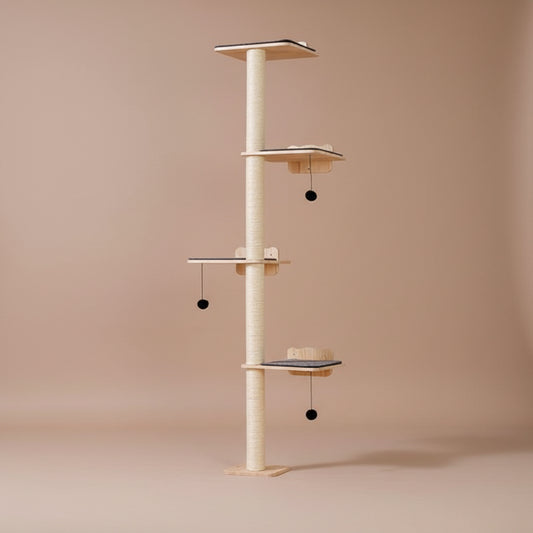 Wall mounted cat tree with shelves and perches on a beige background