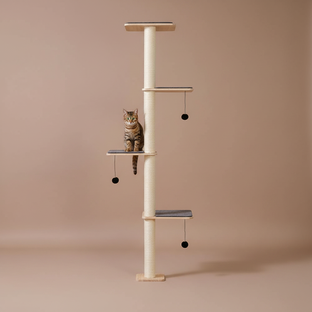 Cat climbing tree with shelves and perches on a white wall background