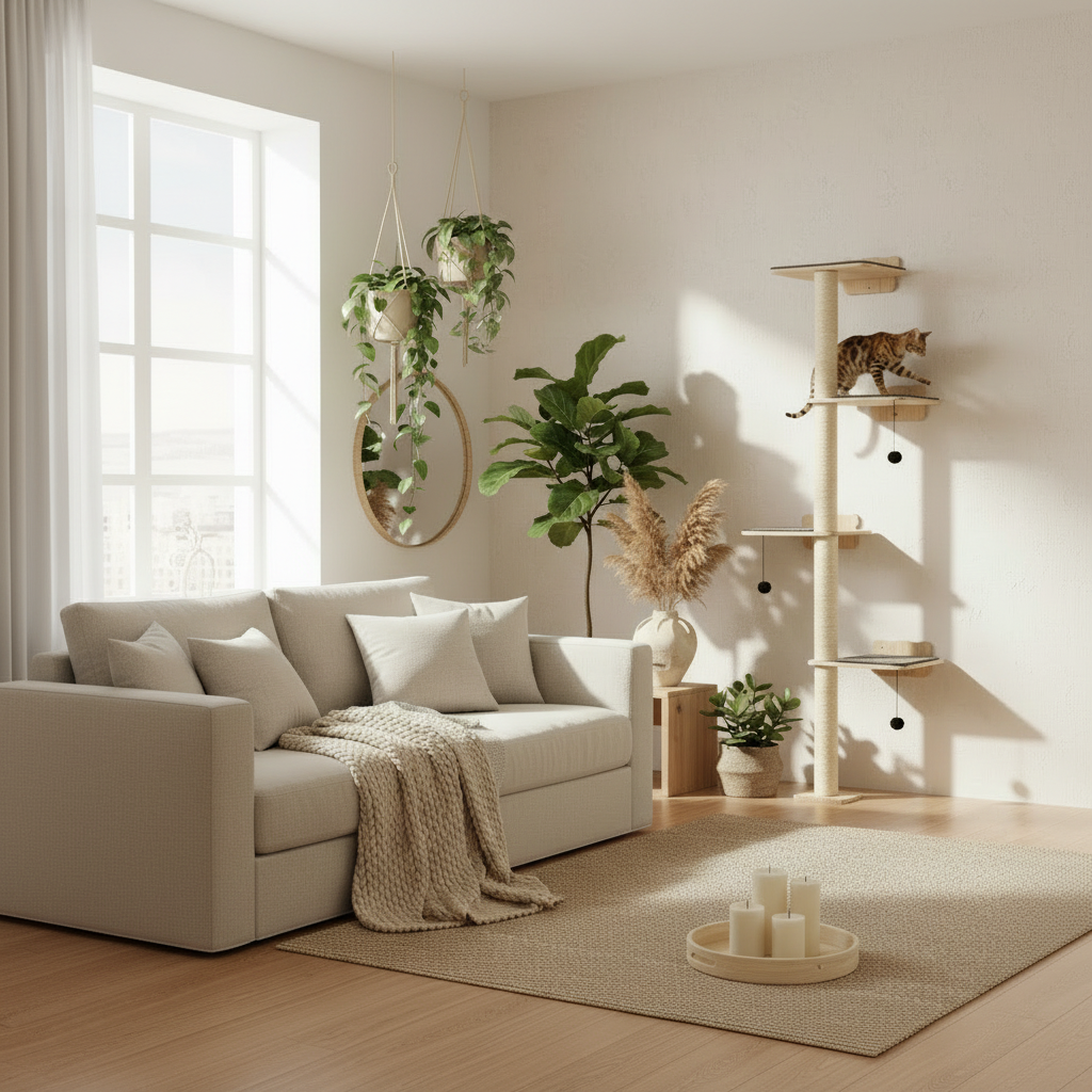 Cat climbing tree with shelves and perches in a living room setting