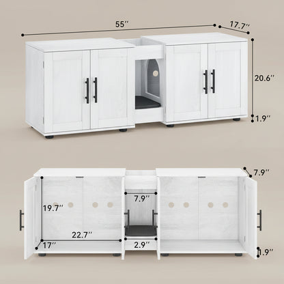 White pet cabinet with dimensions labeled on a beige background