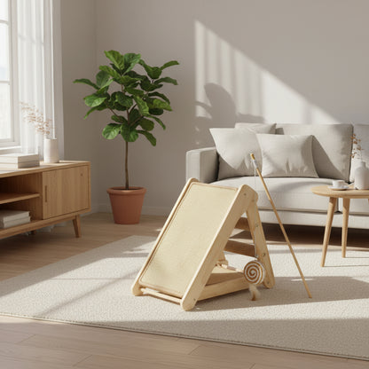 A wooden 45 degree angle scratching post and toy on living room floor.