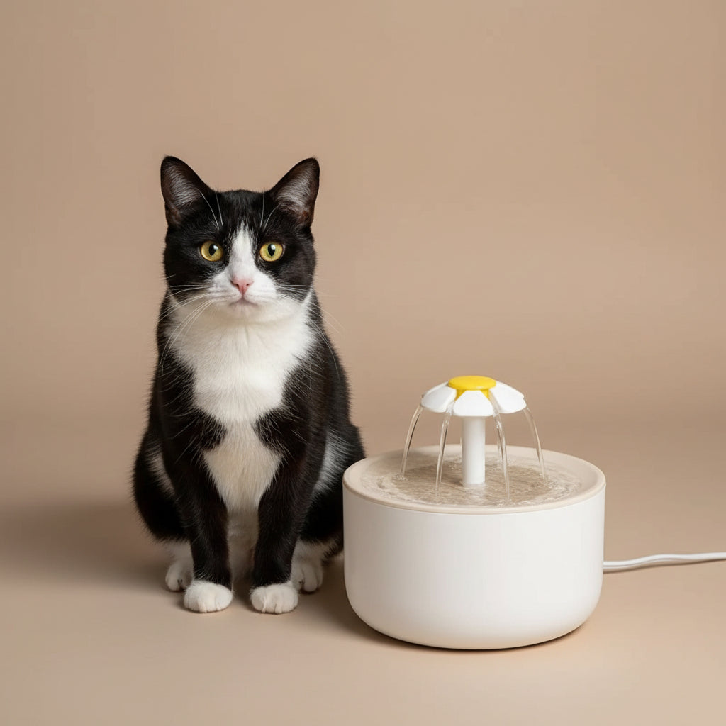 Cat sitting next to a pet water fountain with a daisy design on a wooden floor.