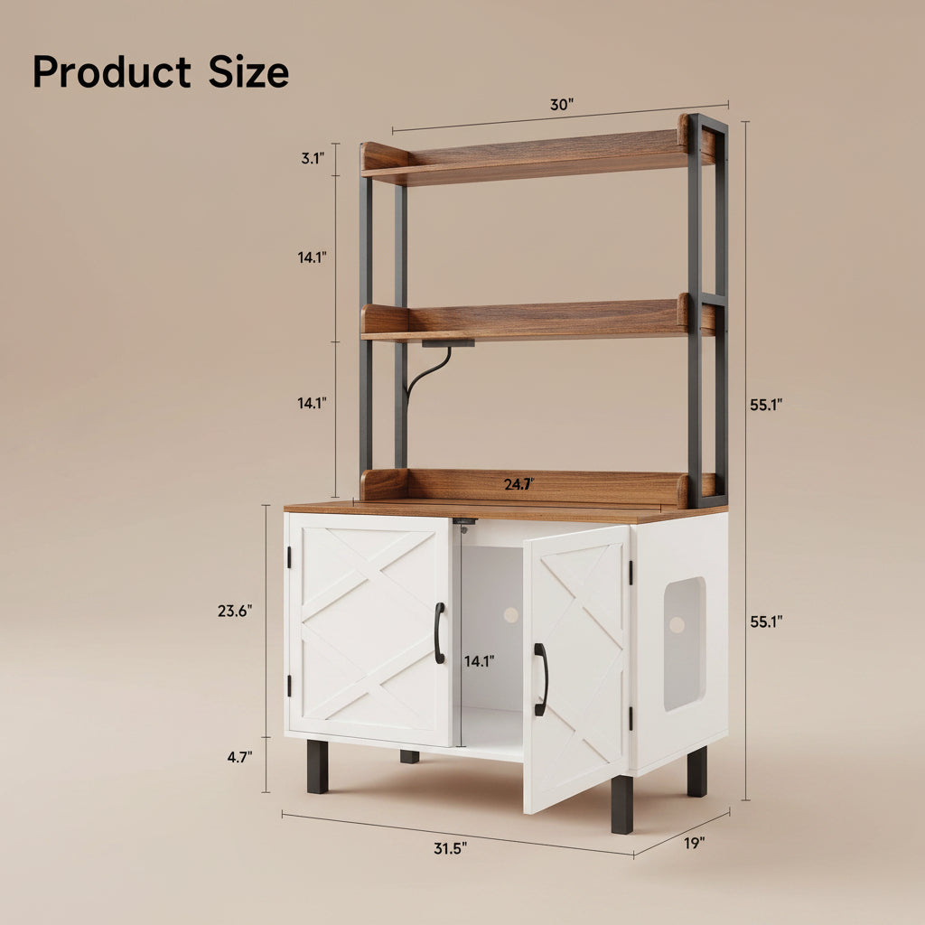 Wooden pet crate with shelves and dimensions on a beige background