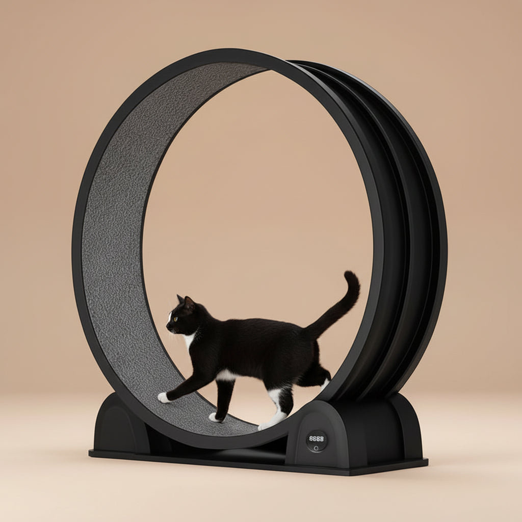 Cat exercise wheel with a cat on a beige background