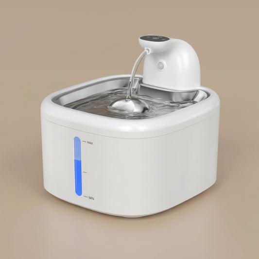 White pet water fountain with a blue indicator on a beige background