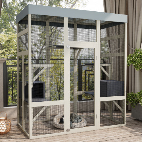 62.6" Gray Wooden Catio Outdoor Pet Enclosure with Waterproof Top - Spacious and Secure Cat House &amp; Small Animal Cage with Black Rust-proof Metal Wire