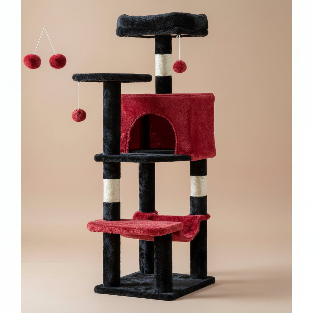 Cat tree with red platforms and hanging toys on a white background