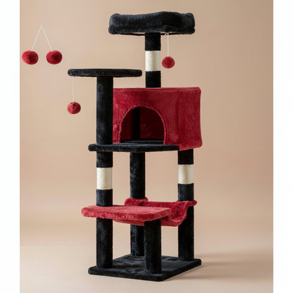 Cat tree with red platforms and hanging toys on a white background
