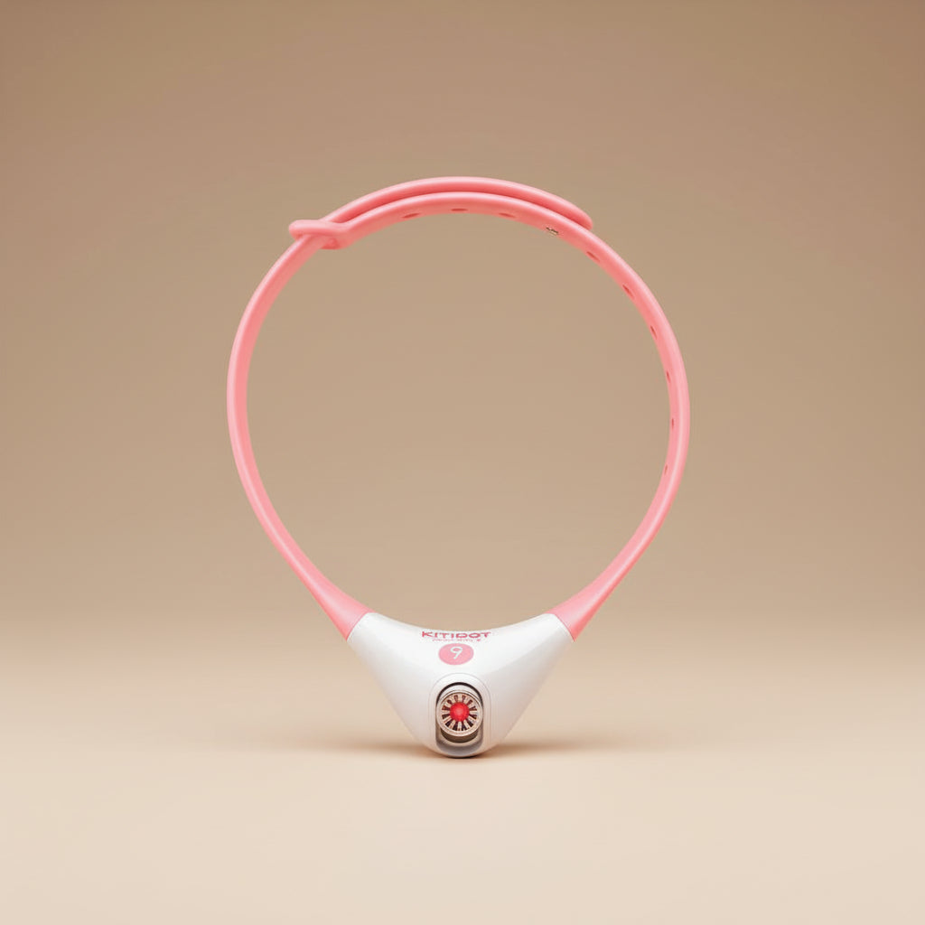 Pink and white dog collar with a visible brand logo on a white background