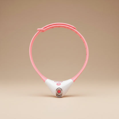 Pink and white dog collar with a visible brand logo on a white background