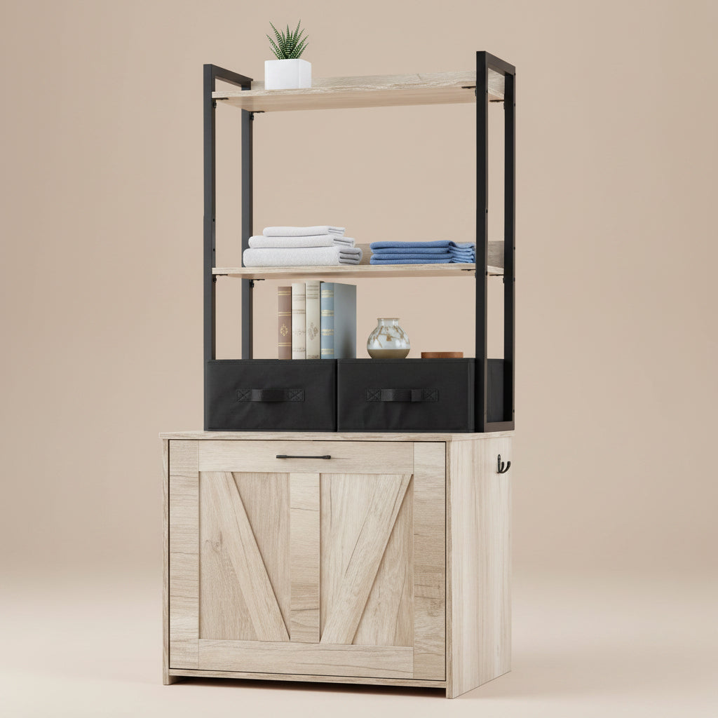 Furniture piece with shelves, baskets and a litter box cabinet
