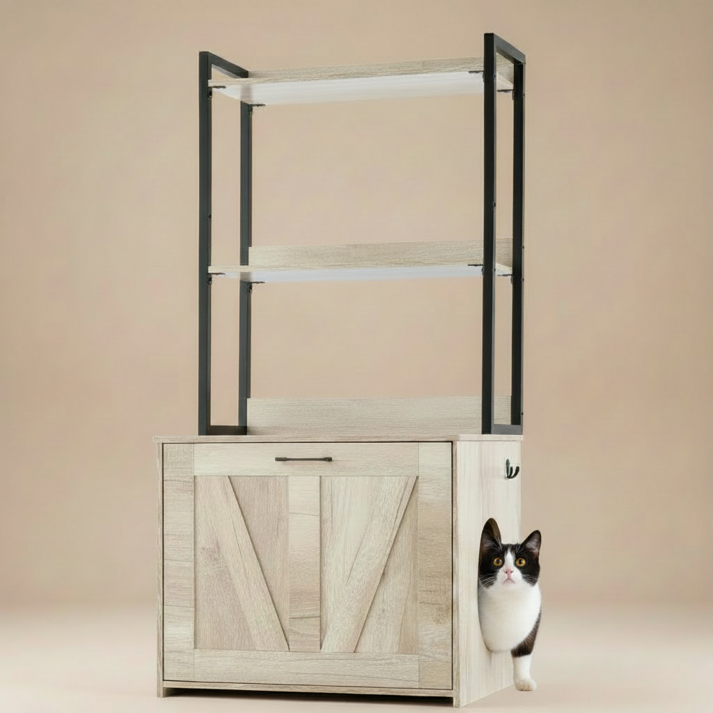 Furniture piece with shelves and a cabinet, featuring a cat peeking out from behind.