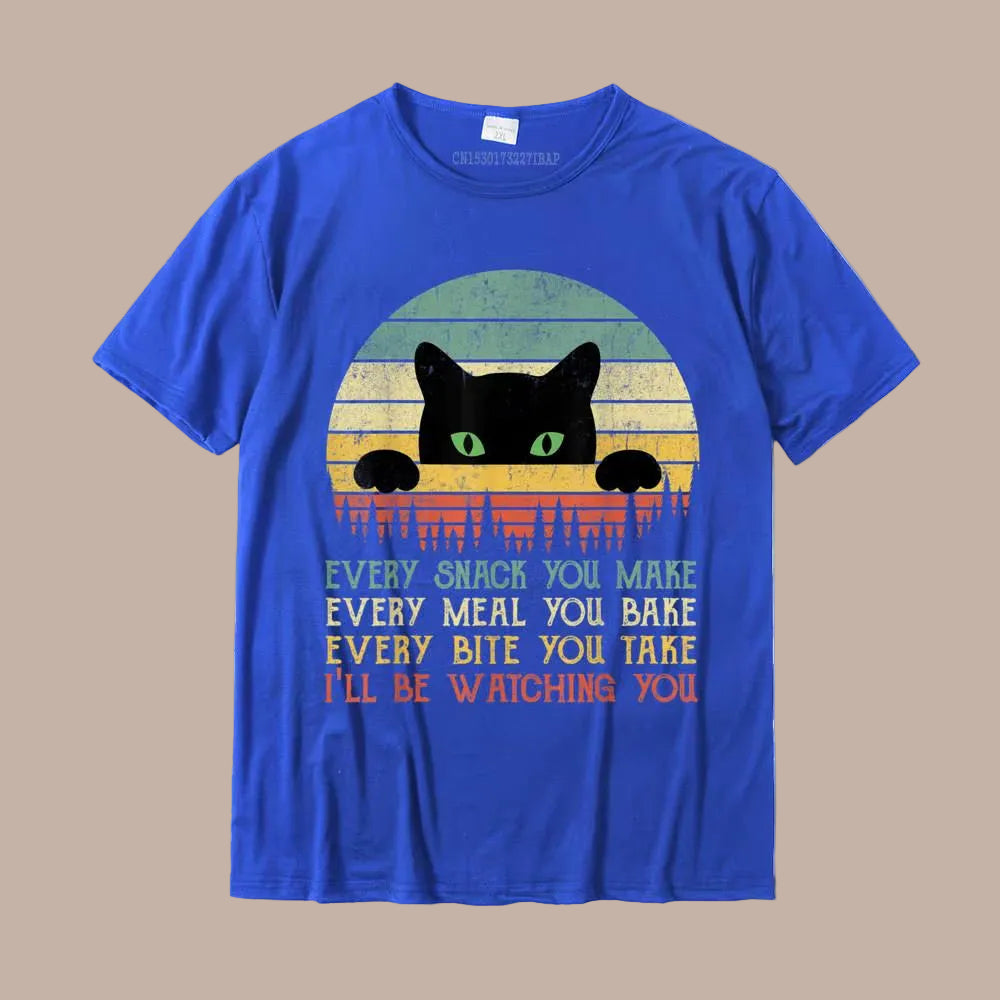 Blue t-shirt with a cat graphic and text on a white background