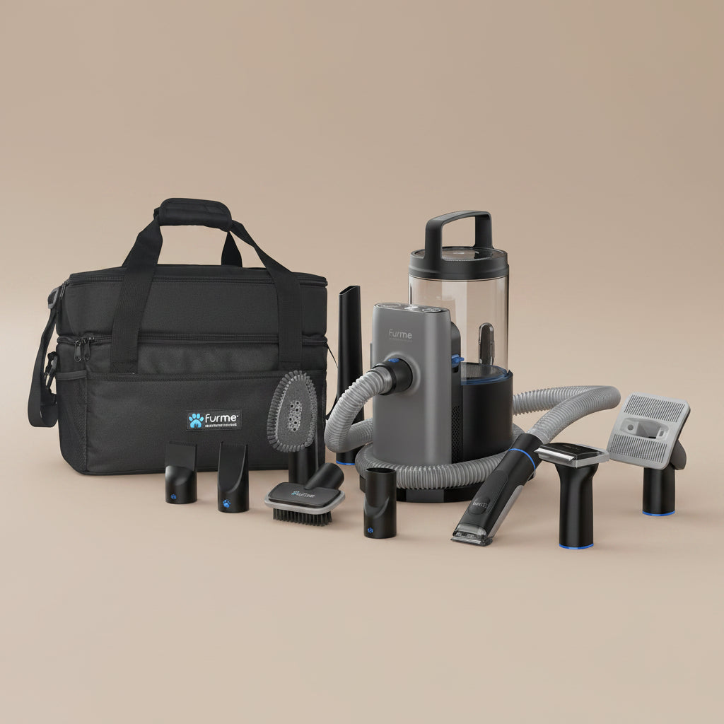 furMe pet grooming vacuum set with black carry bag on a beige background