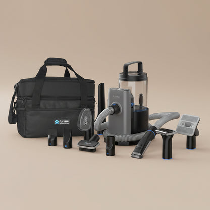 furMe pet grooming vacuum set with black carry bag on a beige background