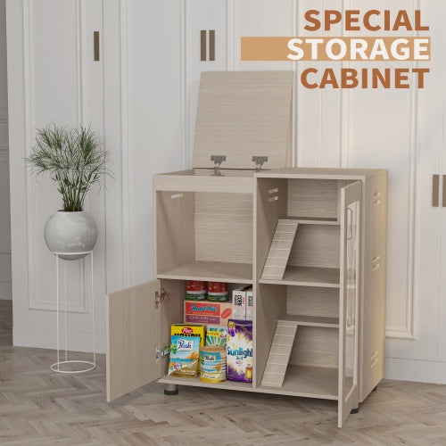 Beige storage cabinet with open doors showing various products, placed against a white wall.