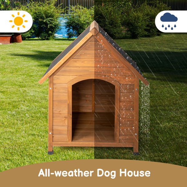 Outdoor Dog House - Waterproof Asphalt Roof Elevated Fir Wood Pet Shelter with Smart Rainwater Diversion