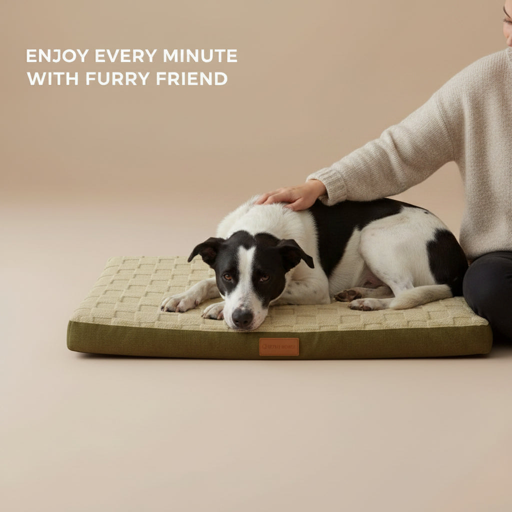 Woman sitting on the floor with a dog in a beige background with text saying 'Enjoy every minute with your furry friend'.