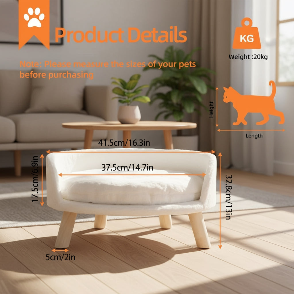 Luxury Cat Bed Soft Warm Plush Fabric Pet Nesting Chair Bed Stool Wood Legs with Cushion Pad Washable Waterproof for Small Pets